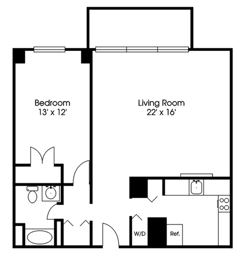 Floor plan for 1 bed, 1 bath, 834 sqft
